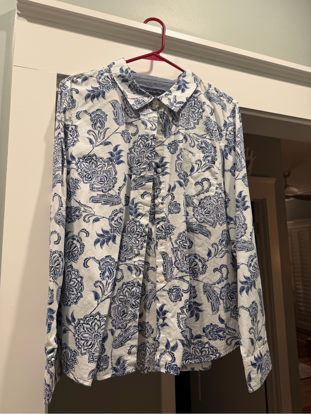 Women’s White Button-Up Shirt with Blue Floral Print